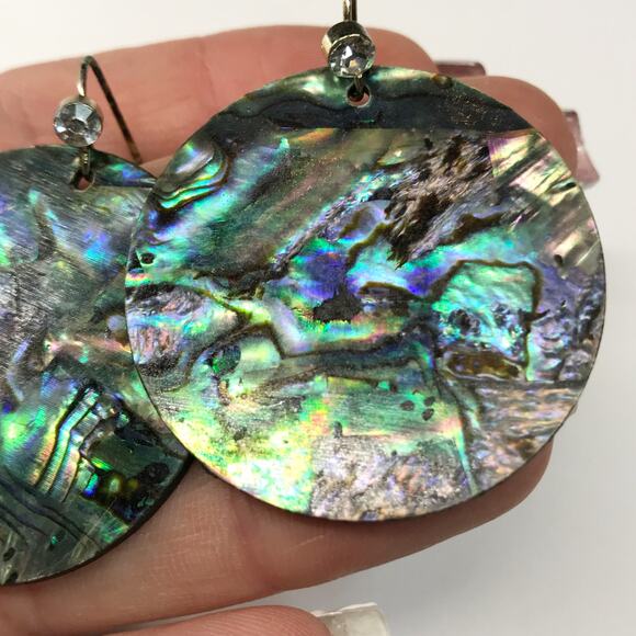 Vintage MOP Mother of Pearl Abalone Shell Round Disc Hook Earrings Oversized - Picture 6 of 9